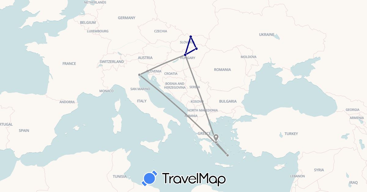 TravelMap itinerary: driving, plane in Czech Republic, Greece, Hungary, Italy, Poland (Europe)